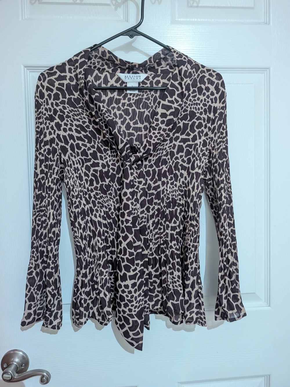 Allison Taylor Taupe and Dark Brown Giraffe-Print Long Sleeve Blouse